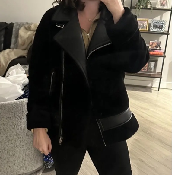 Soia & Kyo Linnea Faux Sherpa Biker Jacket Black Large ❄️ Oversized Moto Style - Picture 6 of 10